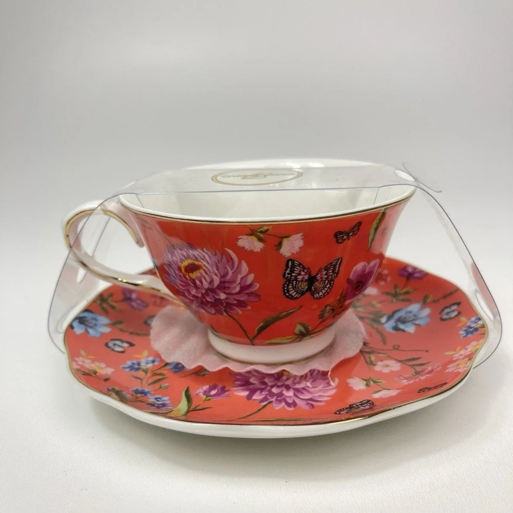 Grace Teaware Orange Floral Butterfly Teacup Saucer Set Gold Rim‎ Fine Porcelain